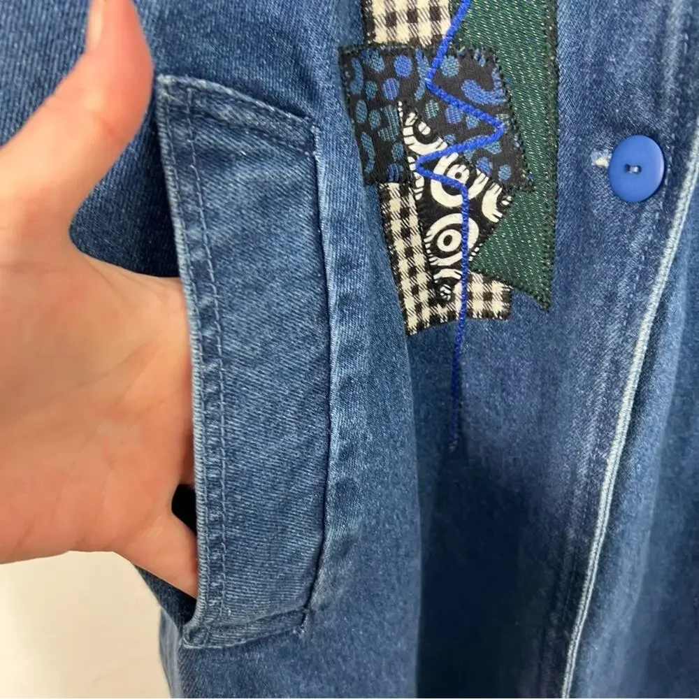 Vintage Denim Applique Created By Connie Oversized Long Trench Coat Size XS